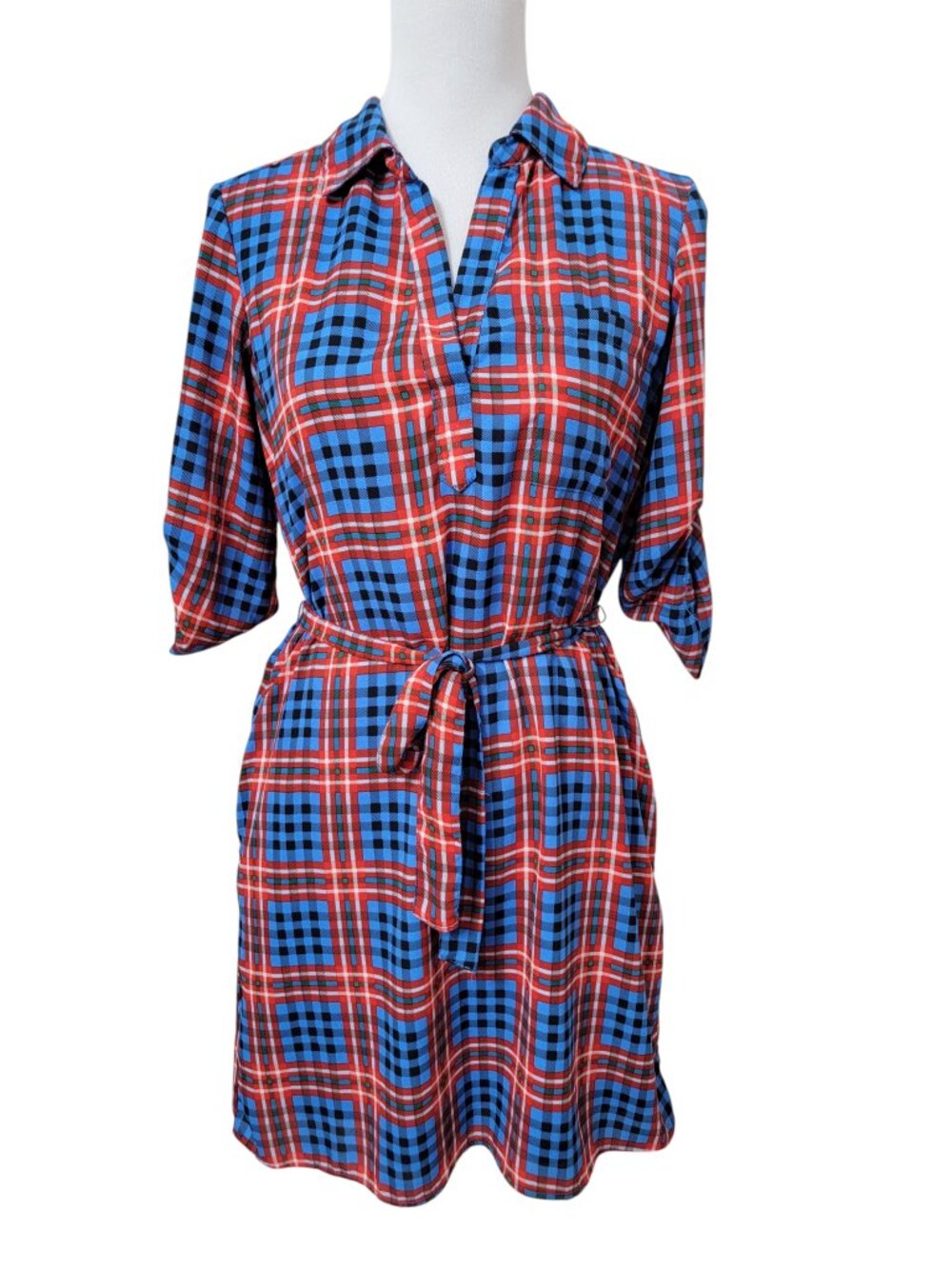 New York & Company Size S Red, Blue, Black & White Plaid Shirt Dress, Lined